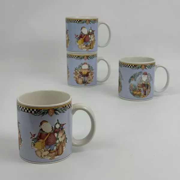 Set of Four 2001 Sakura Debbie Mumm Woodland Santa Coffee Mugs