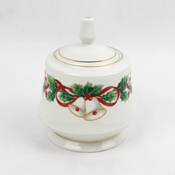 Sango Noel 1990 Christmas Pattern Sugar Bowl And Lid Gold Trim 5.25" Tall