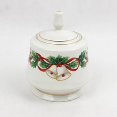 Sango Noel 1990 Christmas Pattern Sugar Bowl And Lid Gold Trim 5.25" Tall