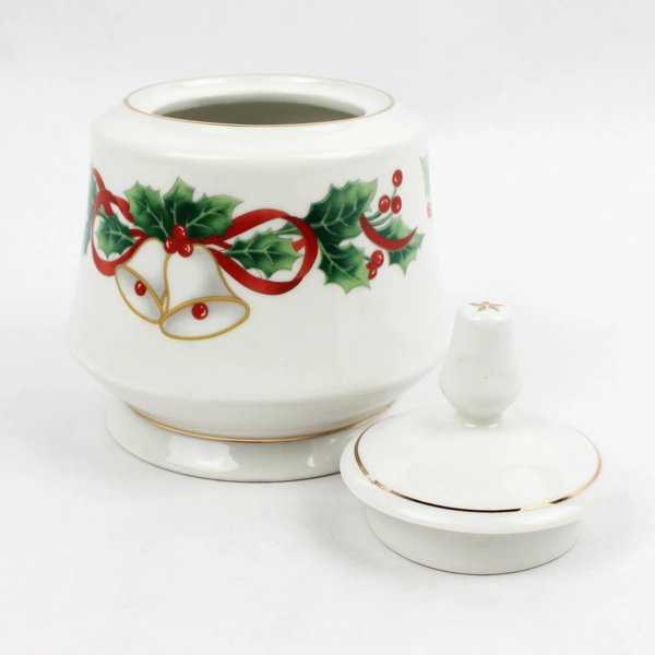 Sango Noel 1990 Christmas Pattern Sugar Bowl And Lid Gold Trim 5.25" Tall
