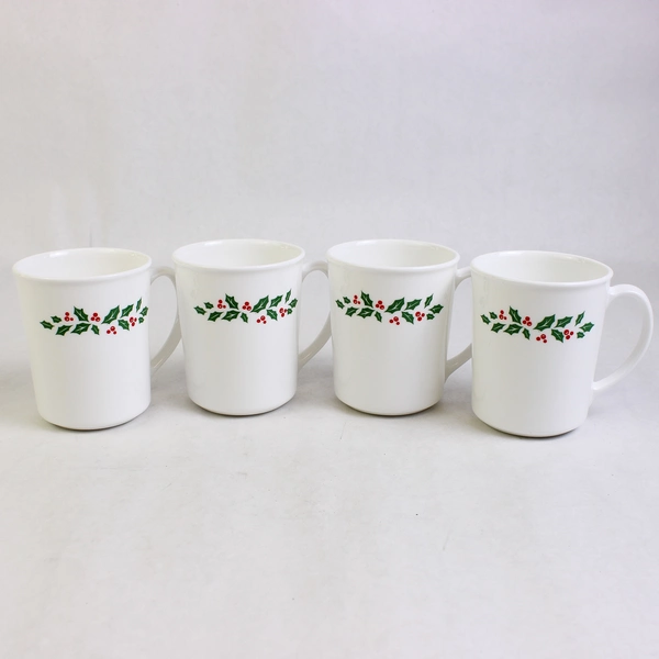 Lot Of 4 Corelle Corning Winter Holly (Green Band) Pattern Mug Ceramic 4" Tall