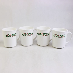 Lot Of 4 Corelle Corning Winter Holly (Green Band) Pattern Mug Ceramic 4" Tall
