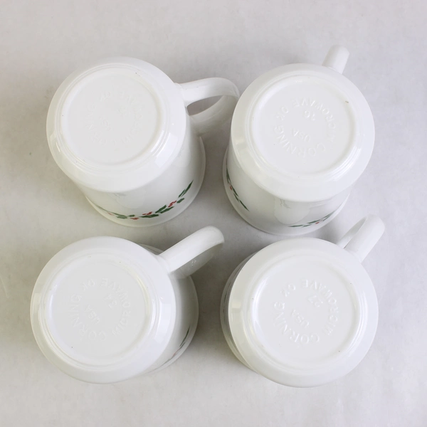 Lot Of 4 Corelle Corning Winter Holly (Green Band) Pattern Mug Ceramic 4" Tall