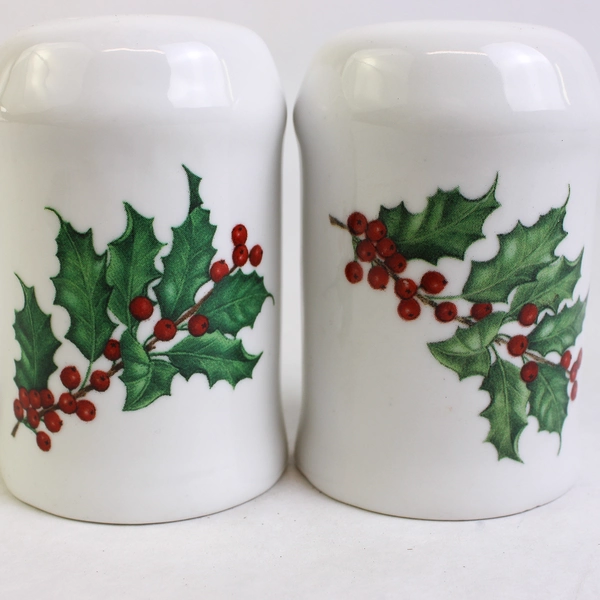 Hallmark Poinsettia & Holly Porcelain Salt & Pepper Shaker Set No Stoppers