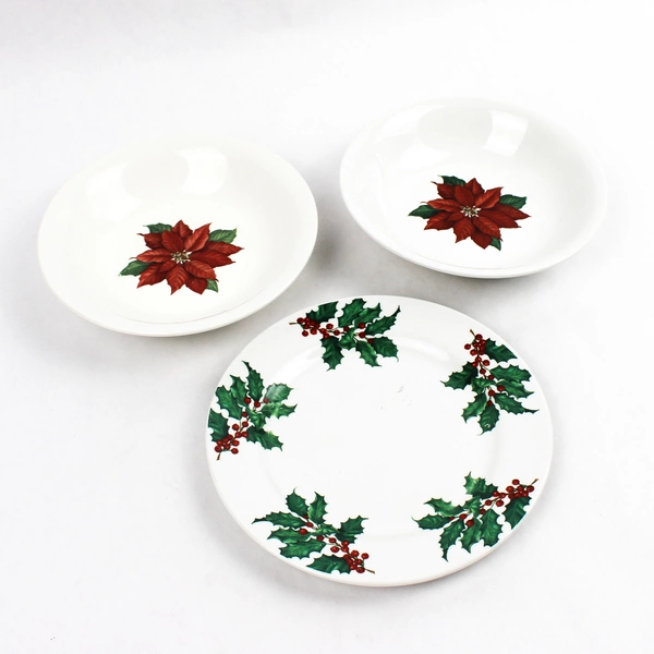 Lot Of 3 Hallmark Poinsettia & Holly Porcelain 2 Soup Bowls & 1 Salad Plate