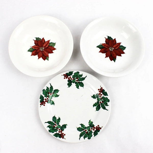 Lot Of 3 Hallmark Poinsettia & Holly Porcelain 2 Soup Bowls & 1 Salad Plate