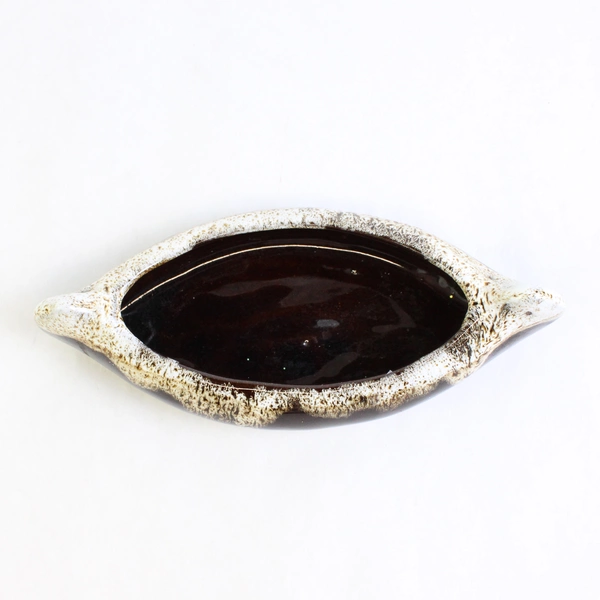 Canoe Dip Dish 7" Redware Pottery White Brown Glaze Serving Bowl