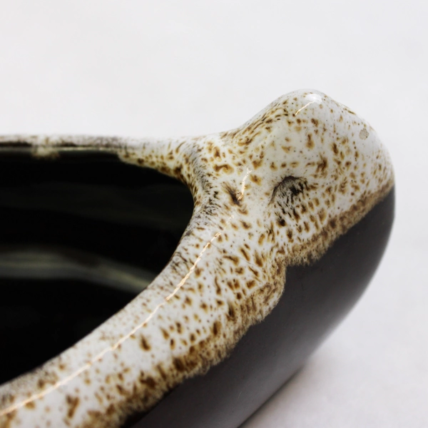 Canoe Dip Dish 7" Redware Pottery White Brown Glaze Serving Bowl