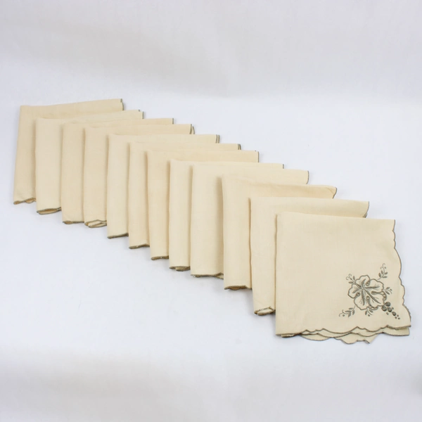 Lot of 12 Vintage Linen Placemats Embroidered Flowers in Corner Ivory and Grey
