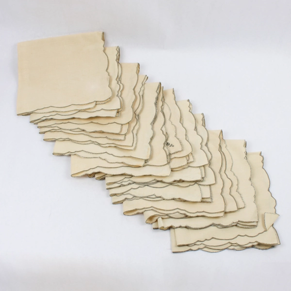 Lot of 12 Vintage Linen Placemats Embroidered Flowers in Corner Ivory and Grey