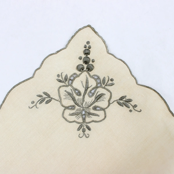 Lot of 12 Vintage Linen Placemats Embroidered Flowers in Corner Ivory and Grey