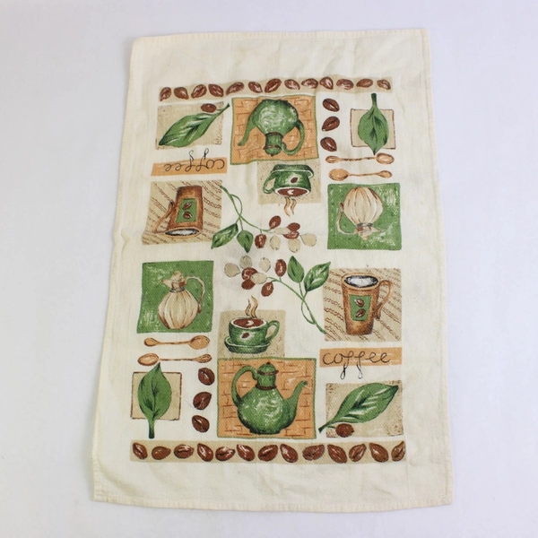 Sultans Linens Tea Towel Green/Brown On White Tea/Leaf Theme 14" x 22"