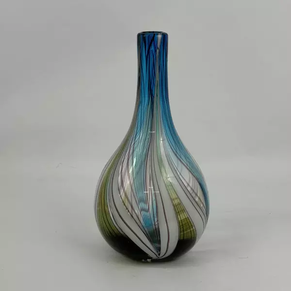 Hand Blown Glass Vase Made in China Blue Green White Vertical Stripes
