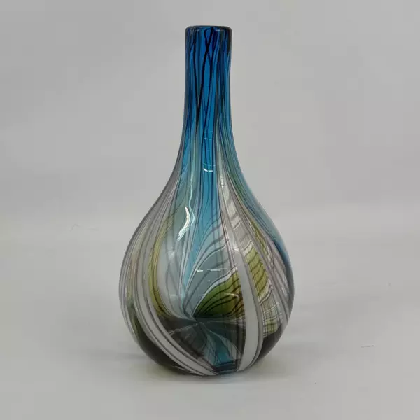 Hand Blown Glass Vase Made in China Blue Green White Vertical Stripes