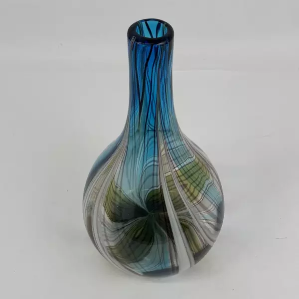 Hand Blown Glass Vase Made in China Blue Green White Vertical Stripes