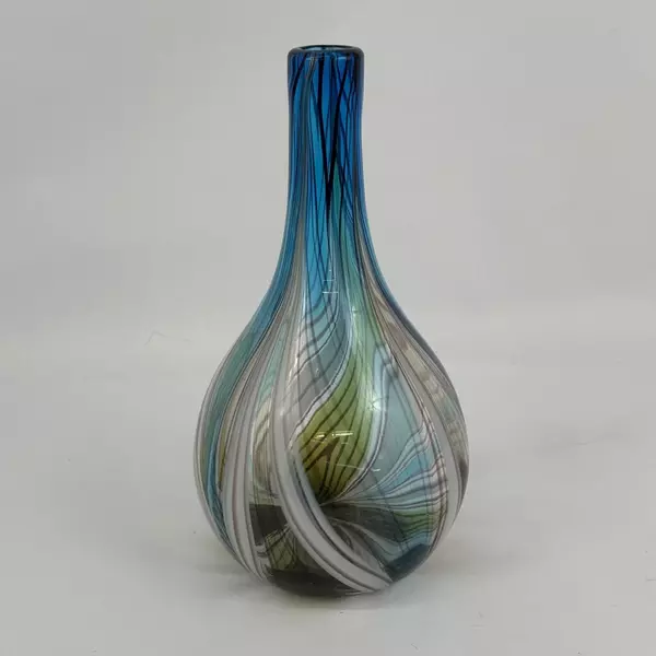 Hand Blown Glass Vase Made in China Blue Green White Vertical Stripes