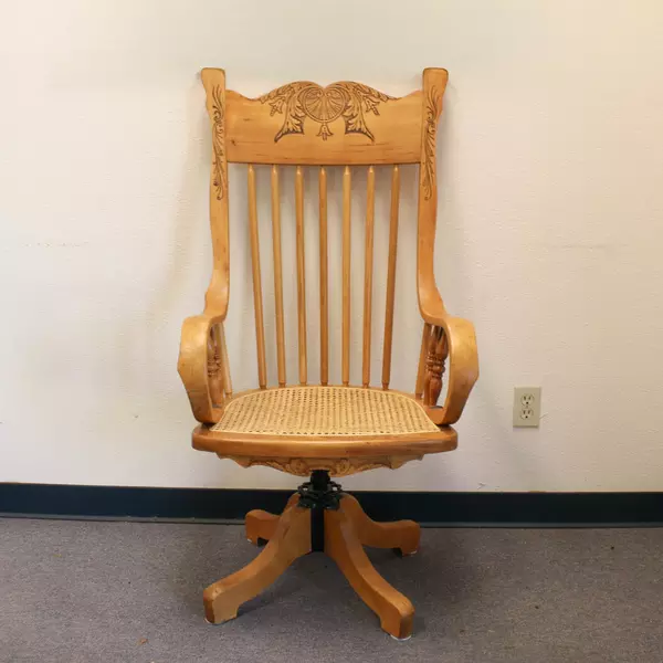 Tall Vintage Swivel Chair Wicker Seat Carved Wooden Backrest