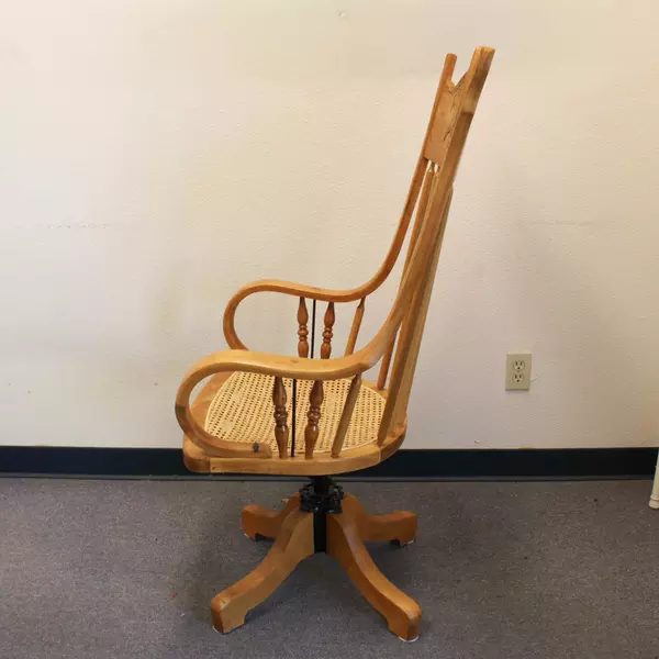 Tall Vintage Swivel Chair Wicker Seat Carved Wooden Backrest