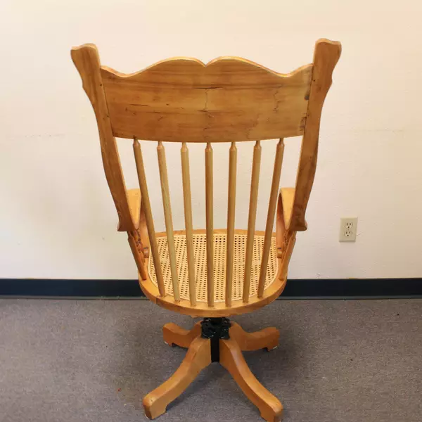 Tall Vintage Swivel Chair Wicker Seat Carved Wooden Backrest