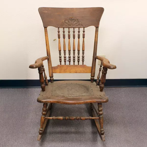 Antique Wooden Embossed Leather Rocker Chair