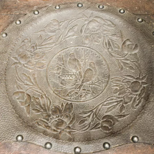 Antique Wooden Embossed Leather Rocker Chair