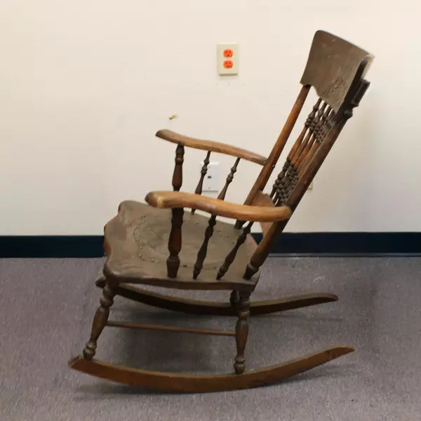 Antique Wooden Embossed Leather Rocker Chair