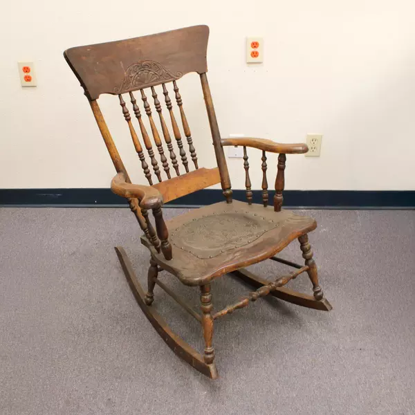 Antique Wooden Embossed Leather Rocker Chair