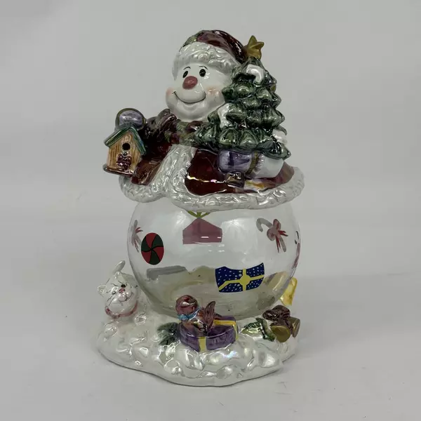 Snowman "Mr. Jolly" Glazed Ceramic Covered Glass Candy Dish Kingdom Treasures