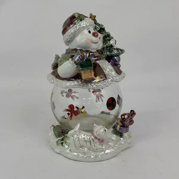 Snowman "Mr. Jolly" Glazed Ceramic Covered Glass Candy Dish Kingdom Treasures