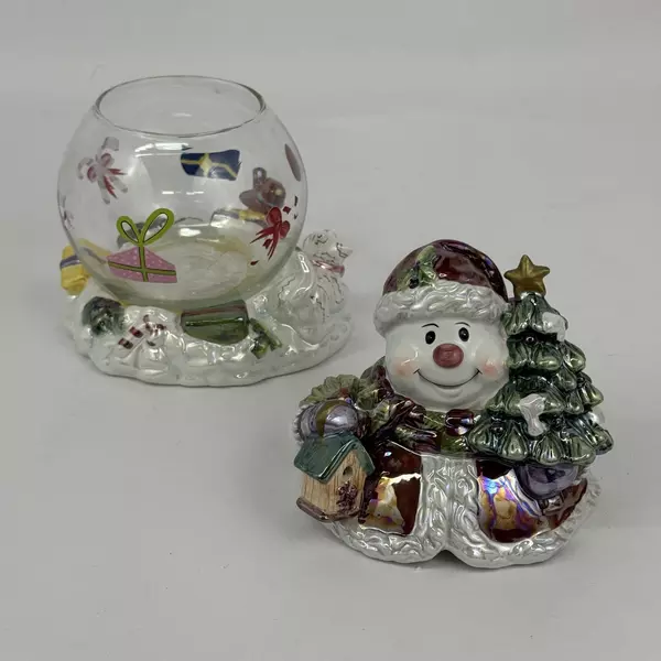 Snowman "Mr. Jolly" Glazed Ceramic Covered Glass Candy Dish Kingdom Treasures