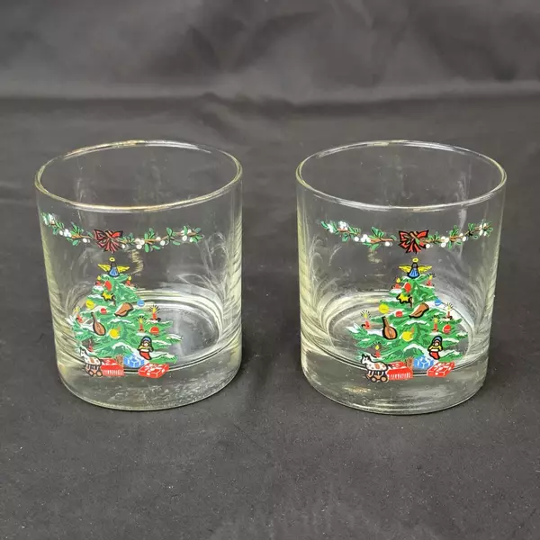Set of 2 Vintage Holiday 8 Oz. Double Old Fashioned Glasses By Montgomery Ward