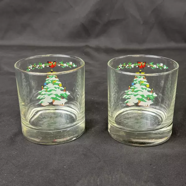 Set of 2 Vintage Holiday 8 Oz. Double Old Fashioned Glasses By Montgomery Ward