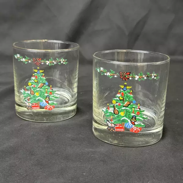 Set of 2 Vintage Holiday 8 Oz. Double Old Fashioned Glasses By Montgomery Ward