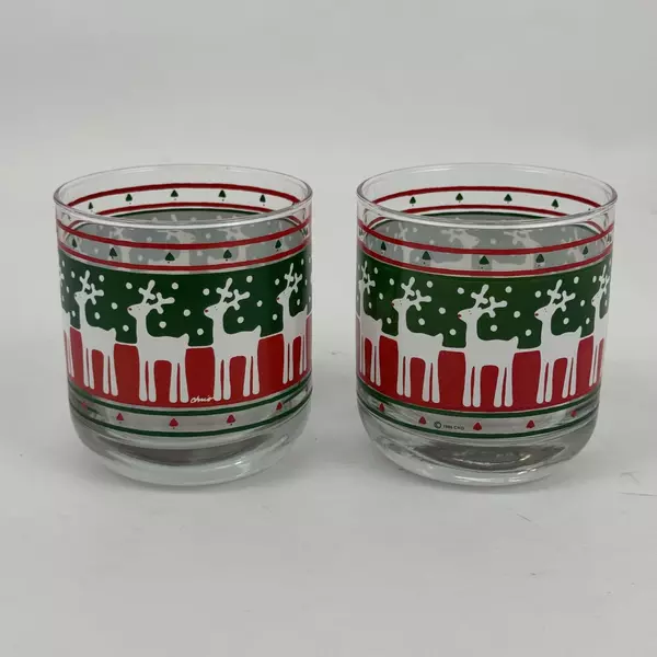 2 Low Ball Rocks Glasses Red and Green Bands With White Red Nosed Reindeer