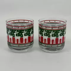 2 Low Ball Rocks Glasses Red and Green Bands With White Red Nosed Reindeer