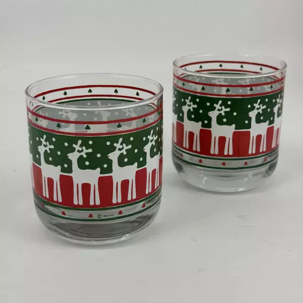2 Low Ball Rocks Glasses Red and Green Bands With White Red Nosed Reindeer
