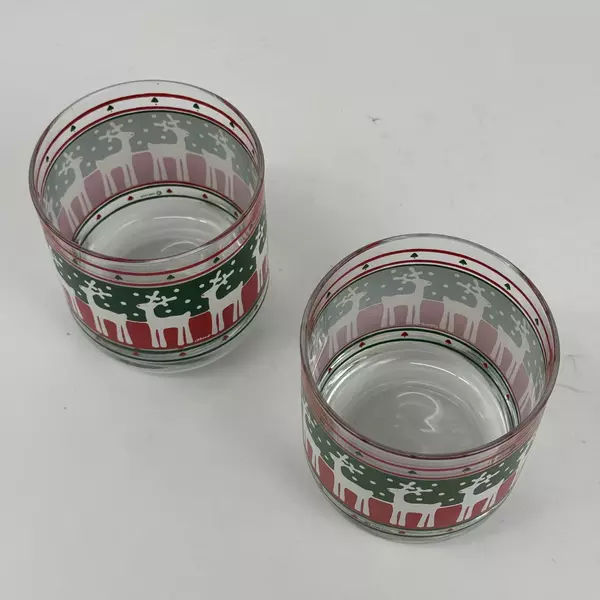 2 Low Ball Rocks Glasses Red and Green Bands With White Red Nosed Reindeer