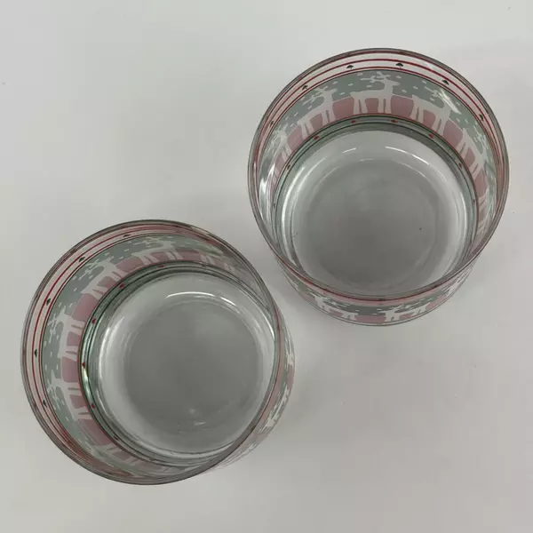 2 Low Ball Rocks Glasses Red and Green Bands With White Red Nosed Reindeer