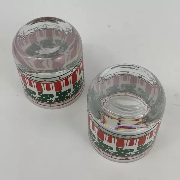 2 Low Ball Rocks Glasses Red and Green Bands With White Red Nosed Reindeer