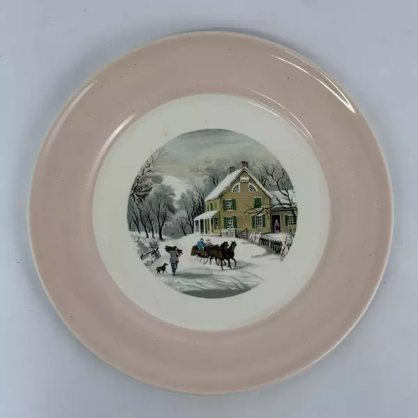 Vintage American Limoges Currier & Ives Charcoal Pink Dinner Plate 10 Inch