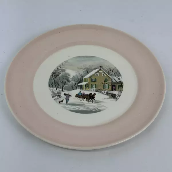 Vintage American Limoges Currier & Ives Charcoal Pink Dinner Plate 10 Inch