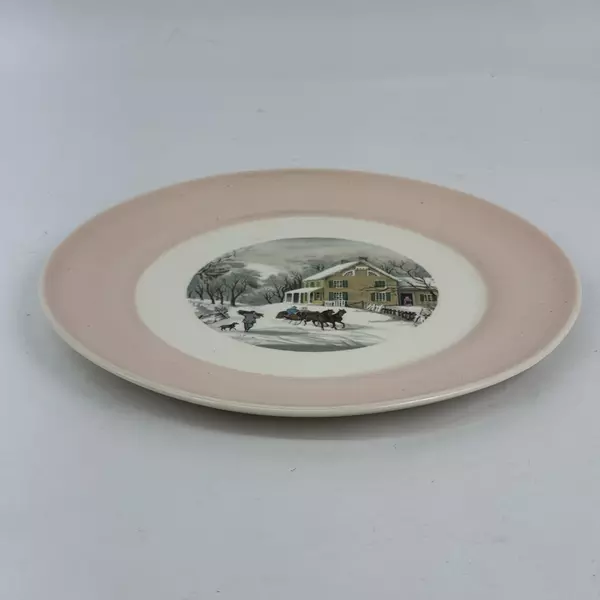 Vintage American Limoges Currier & Ives Charcoal Pink Dinner Plate 10 Inch