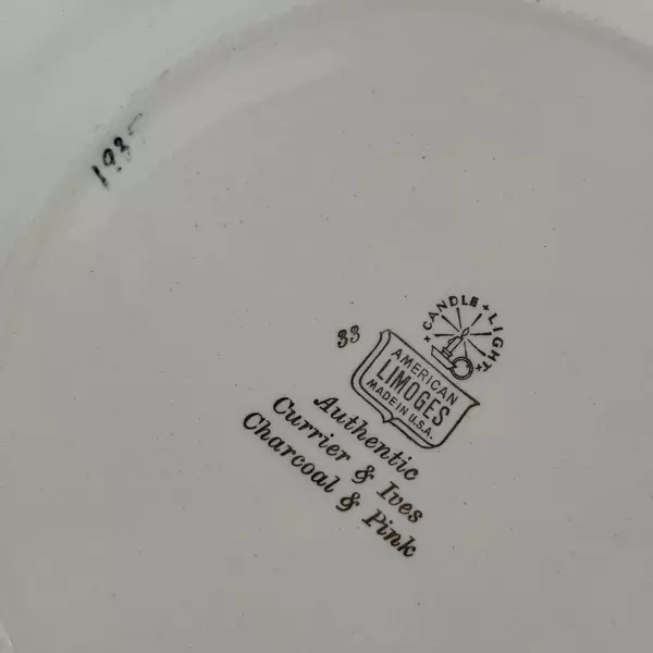 Vintage American Limoges Currier & Ives Charcoal Pink Dinner Plate 10 Inch