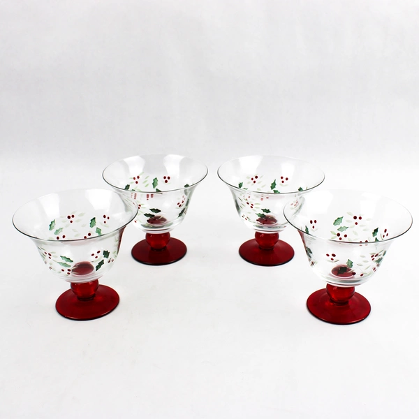Set Of 4 Pfaltzgraff Winterberry Hand Painted Footed Dessert Bowls Glassware