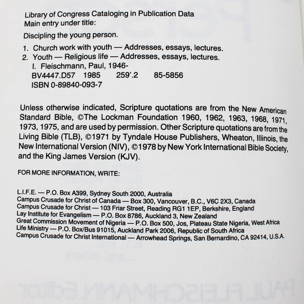 Discipling the Young Person Edited by Paul Fleischmann 1985 Paperback