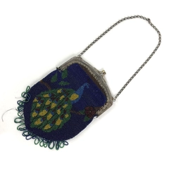 Vintage Beaded Peacock Purse Snap Closure With Chain Handle
