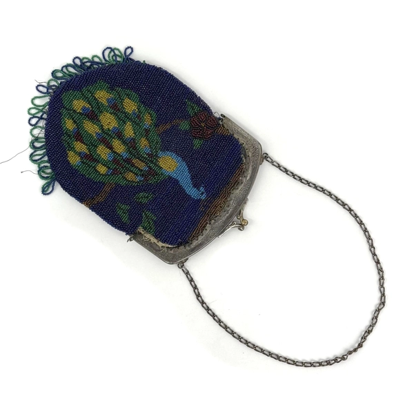 Vintage Beaded Peacock Purse Snap Closure With Chain Handle
