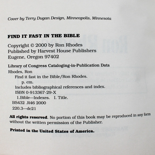 Find It Fast in the Bible Your Complete Topical Reference Ron Rhodes 2000 PB