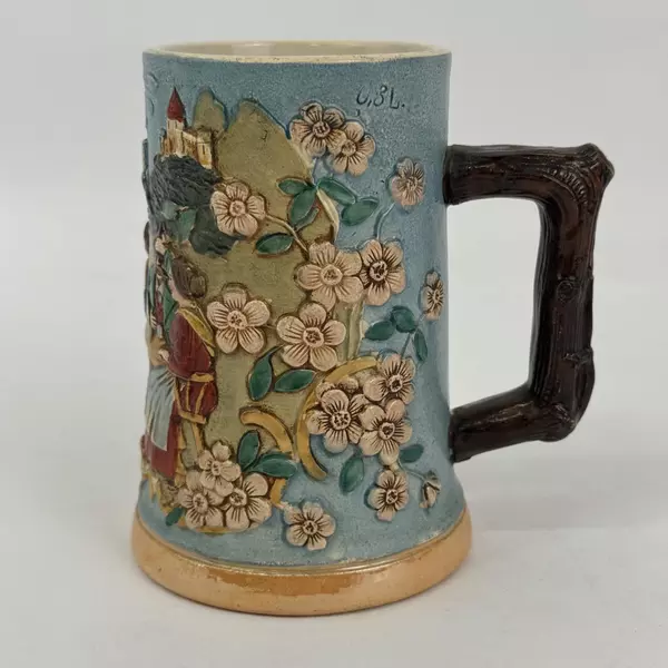 Vtg 0.3 Liter German Ceramic Beer Mug Embossed Landscape And Bar Scene