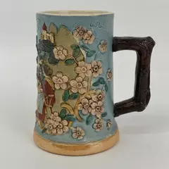 Vtg 0.3 Liter German Ceramic Beer Mug Embossed Landscape And Bar Scene